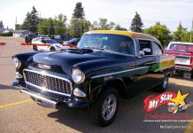 JUNE 2023: THIS ’55 CHEVY 2-DOOR POST GASSER TRIBUTE IS A LONG-DISTANCE MACHINE